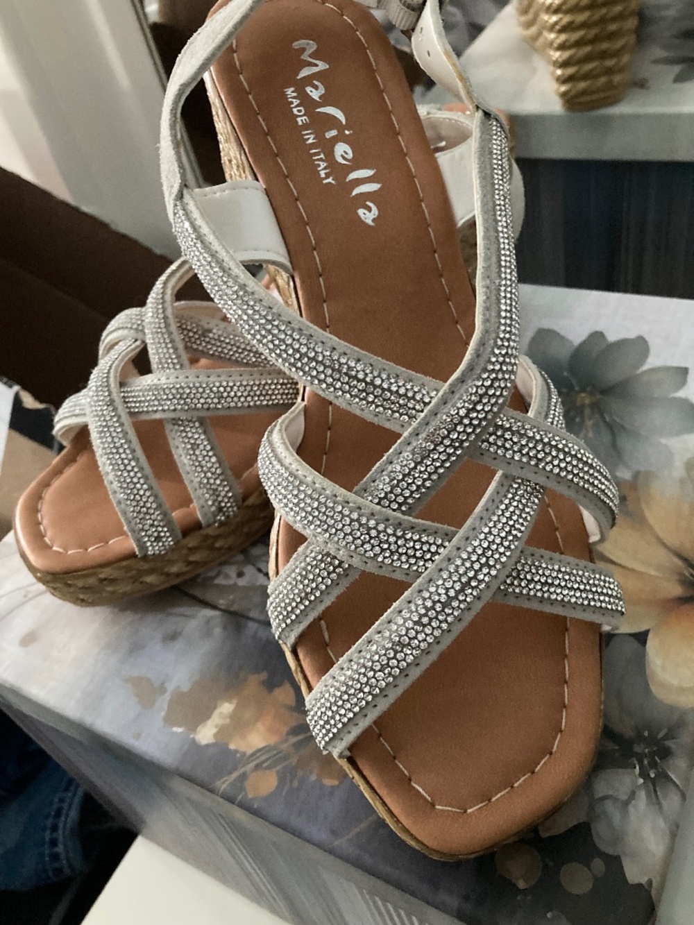 Glittery Mirella Strappy Silver Sandals, Size 7-1/2, Heel 4",  Brand New